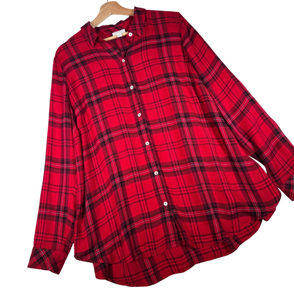 J. Jill Plaid Shirt Women L Red Rayon Button Down Long Sleeve WTP279911 Casual